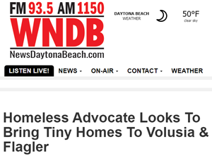 WNDB radio online news article about Homeless Advocate Mark Geallis Tiny Home Village for Volusia-Flagler Counties